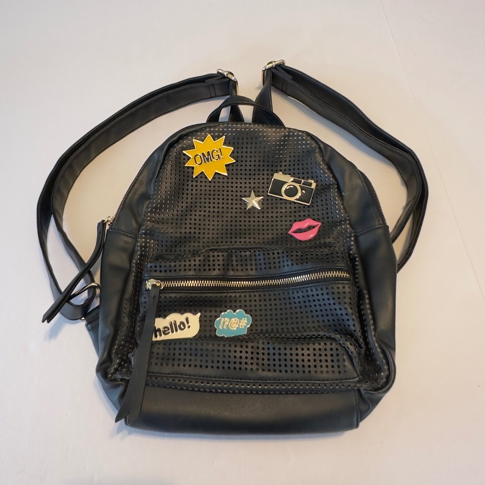 Black Faux Leather Mini Backpack Perforated Pop Art Patches OMG Camera Lips‎
